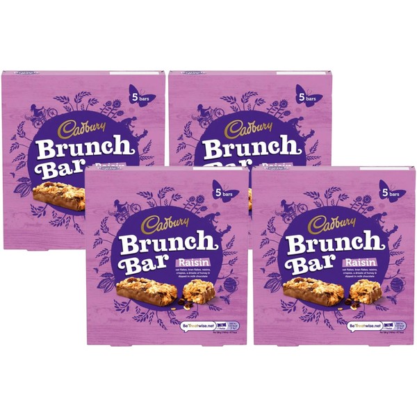 Cadbury Brunch Raisin Bars | Delicious Breakfast Bar with Oat flakes, Bran flakes, Peanuts, Crispies, Drizzled with Honey and Dipped in Milk Chocolate | Pack of 4 x 5 bars (160g)