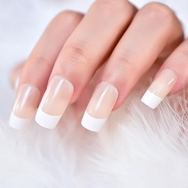 120Pcs 5 Packs Natural Beige Nude Press on Nails Glossy French Nail Art Tips Squoval False Nails Salon Manicure Kits Reusable Acrylic Nails Fake Fingernails for Women Girl with Jelly Glue Tabs