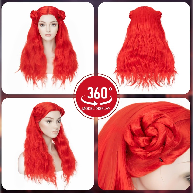 TESS Red Wig with Bun Long Wavy Hair Wigs Halloween
