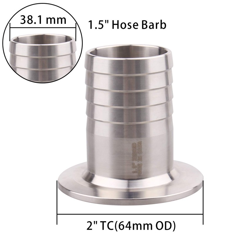 DERNORD 2" Tri Clamp to 1.5" Hose Barbed Adapter SUS304