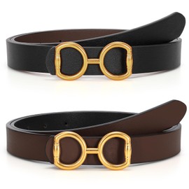 LEACOOLKEY Women Reversible Leather Belt for Jeans Pants Fashion Two-In-One Gold Buckle Ladies Dress Belt(Black/Coffee,Suit Waist Size 25"-31"