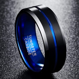 NUNCAD Tungsten Mens Rings 8mm Black & Blue Two Tone Wedding Bands Engagement Rings Size Z+2.5