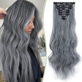 Fanguilar Clip in Hair Extensions, 8PCS 24 Inch Clip in Long Wavy Synthetic Hair Extensions Black to White Fiber Double Weft Natural Hairpieces for Women