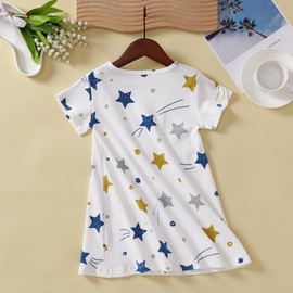 Ukyzddio Girls Colorful Stars Sleep Shirts Cotton Soft Princess Sleep Dress Kids Short Sleeve Nighties Sleepwear Size 2-3Years(100)