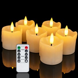 Homemory Flameless Votive Candles with Timer Remote, 2" x 2" Real Wax, 300+ Hour Realistic Black Wick Battery Operated Candles, Set of 6 for Wedding, Party and Holiday Decoration (Battery Included)