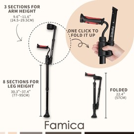 Famica FlexiCrutch for Adult (x2 Unit, Open Cuff) - Red Dot Design Award Winner, Adjustable Ergonomic Handles, Cuff, Height, Foldable, Lightweight and Non-Slip Forearm Crutches