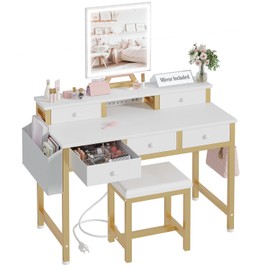 KAI-ROAD White Makeup Vanity Desk with Lights - 40 inch Girls Vanity Set with Mirror and Chair, Make Up Dresser Table with Drawers and Power Outlet for Bedroom Small Space, White and Gold