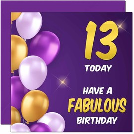 13th Birthday Card for Men women - Balloons Purple Birthday Card for 13 Year old teenage Girl Daughter Granddaughter Kids thirteen, thirteenth Sister cousin Niece