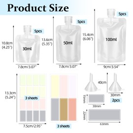 BAMTTOO 15pcs 3 Sizes 30ml/50ml/100ml Portable Travel Refillable Empty Squeeze Pouch, Stand Up Pouch for Toiletry, Lotion Shampoo Shower Gel Squeezable Bags, Leakproof Cosmetic Containers