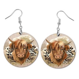 Round Wood Earrings Light Weight Printed Image Dangle Jewelry (Highland Cow)