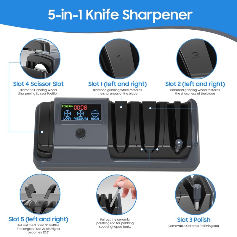 5-in-1 Electric Knife Sharpener for Kitchen Knives, with 100% Diamond