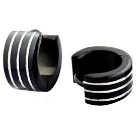 Black Huggie Hoops Earrings with Silver Stripes - Stainless Steel