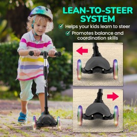 Hurtle Mini Kickboard Scooter for Kids – Height Adjustable 25-28 Inches, 3-Wheel Toddler Micro Scooter with LED Light-up Wheels, Lightweight Riding Toy, Non-Slip, Indoor/Outdoor Fun, Ages 2-5 (Black)