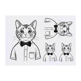 4 x 'Cat with Bow Tie' Temporary Tattoos - Water Resistant, Skin-Safe, Non-Toxic Transfers, Mixed Sizes (TO00074392)