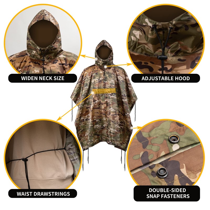 Fousam Rain Poncho, Military Tactical Poncho Camo Multi Use Waterproof,