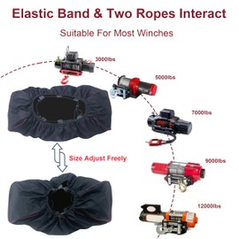Heavy Duty Waterproof Winch Cover Dustproof Protector 12000 lbs, Oxford Cloth Design with round cord locks & Drawstring - Blocks Rain, Snow, Sun & Dirt