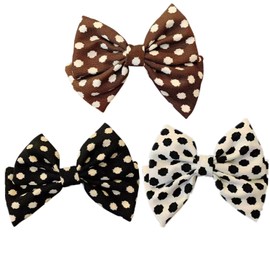 Rugelyss 3 PCS Big Hand-made Polka Dot Bow Print Solid Color Black, Coffee, White Hair Bows Spring Clip Hair Accessories for Girls or Women