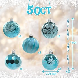 COMONS Light Blue Christmas Ball with Christmas Spiral Strip - 50 Pcs Set for Christmas Tree Decorations, Garland Decor, and Party Ornaments (2.36 Inch)