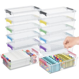 GEOPHIA 12 Pack Extra Large Pencil Box with Removable Divider, Thickened Pencil Case Bulk, Clear Crayon Marker Organizer Stackable Plastic Small Storage Containers for Pen Craft School Supplies, Multi