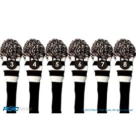 Majek #3, 4, 5, 6, 7, 8 Hybrid Combo Pack Rescue Utility Black and White Golf Headcover Knit Pom Pom Retro Classic Vintage Head Cover