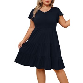 Younrui Plus Size Blue Dresses for Women 2024 Wedding Guest Midi Length Solid Spring Casual Dress with Pockets(3XL-1005-Navy Blue)