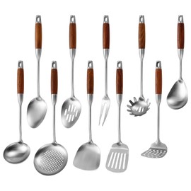 Stainless Steel Kitchen Utensils Set with Wood Handle, 18/10 Metal Cooking Utensils Set, 10-Piece - Spatula, Spoon, Ladle, Skimmer, Slotted Turners, Pasta Server, Fork, Masher(Dishwasher Safe)