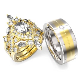 Couple Ring Bridal Set His And Hers Women 10k Yellow Gold Filled Round Cz Ring Set Men Titanium Band Wedding Ring Band Set, women's size 6 & men's size 10, Paper, Cubic Zirconia