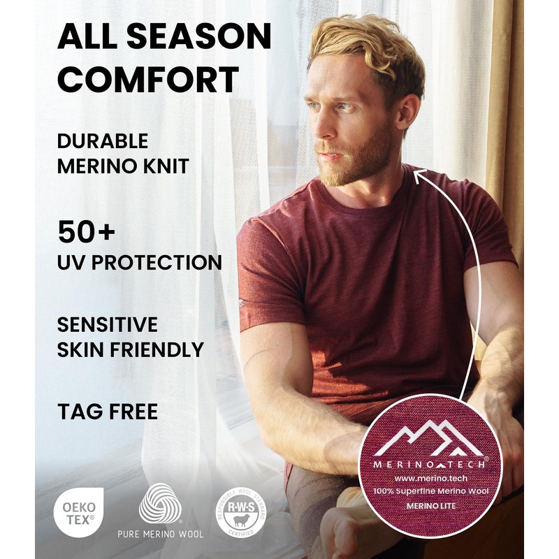 Merino.tech Merino Wool T-Shirt Mens - 100% Organic Merino Wool