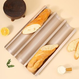 EQUNROY Baguette Bread Pan, Perforated French Bread Tray - 3 Loaf Nonstick Baking Sheet with Proofing Cloth & Dough Cutter Kit, Home Baker Supplies(15x11 Inch Gold)