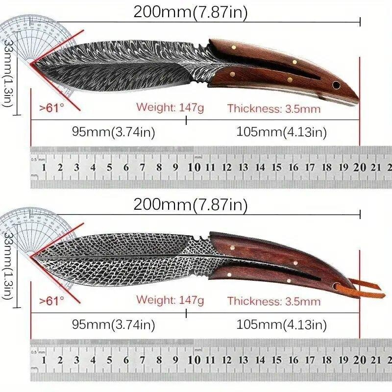 Feather Damascus Blade with Leather Sheath Vegetable Cutter Stainless Steel