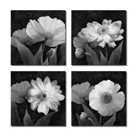 Black Art Canvas Contemporary Simple Life Pictures White Flowers Floral Wall Bathroom Artwork Paintings for Home Decor(12"x12"x4pcs Framed)