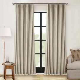90 Inch 100% Blackout Linen Pleated Curtains 2 Panels for Living Room Pinch Pleated Back Tab Black Out Drapes Memory Shape Taupe Heat Reducing Pinch Pleat Window Curtains for Bedroom 90 Inches Long