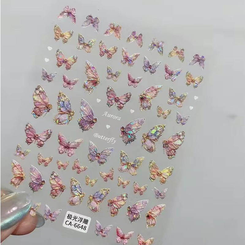 TailaiMei Butterfly Nail Stickers, 2 Sheets 5D Glitter Design Self-Adhesive
