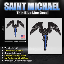 GRITKULTURE Reflective Saint Michael The Archangel Thin Blue Line Decal Sticker 4 Inch X 3.6 Inch for Cars, Trucks, Tumblers, Laptops, and Window Decal Police US Flag