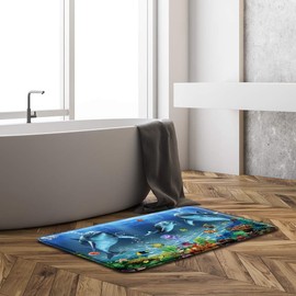 Dolphin Bath Mat Marine Life Cartoon Blue Ocean Animal Seabed Landscape Tropical Fish Underwater World Boys Girls Bathroom Decor Indoor Carpet Bathtub Carpet with Lining 17.7 x 29.5 Inch