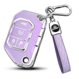 QBUC 4-Key Silver Edged Key Fob Cover with Leather Keychain for Jeep, Premium TPU Case for Wrangler, Gladiator, JLU, JL, Rubicon, JT (Purple)