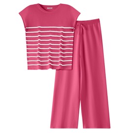 Ekouaer Stripes Matching Sets Knit Sweater Lounge Sets Ladies 2 Piece Travel Outfits Hot Pink Long Pants Loungewear XXL