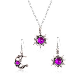 Anmpab Boho Opal Sun and Moon Drop Dangle Earrings Necklace Set Moonstone Natural Stone Hook Bohemian for Women Asymmetrical Antiqued Silver Celestial Jewelry (Violet)