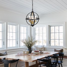 Treekee Rustic Chandelier, 14" Farmhouse Globe Orb Pendant Light, Vintage Black and Gold 3-Light E12 Adjustable Ceiling Hanging Fixture for Kitchen, Dining Room, Living Room, Bedroom, Entryway, Foyer