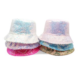 Generisch Sequin Bucket Hat for Women Men Glitter Sequin Stripe Bucket Hat Reversible Unisex Sun Hat for Beach Outdoor Swimming Cap Girls Long Hair Waterproof, purple, M