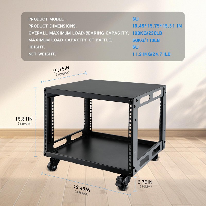 6U Open Frame Server Rack with Wheels Free Standing Network