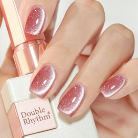 Double Rhythm 15ML Ice Glass Cat Eye Gel Polish with Magnet Holographic Glitter Shimmer Translucent Sheer Color Salon Soak Off Magnetic Nail at Home (Skin Pink-MC1065)