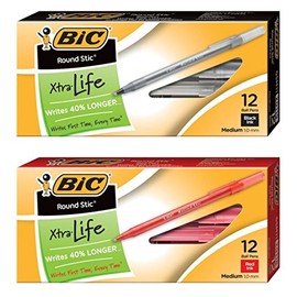 BIC Round Stic Xtra Life Ball Pen Medium Point Black & Red Ink 12/Box (GSM11)