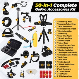 50-in-1 Action Camera Accessories Kit for GoPro Hero 12 11 10 9 8 7 6 5 4, DJI Osmo, Insta360 – Mounts, Straps, Handlebar Mounts & Selfie Stick for Unmatched Versatility in Every Adventure