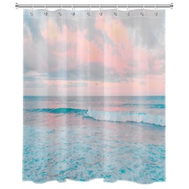 LB Teal Blue Ocean Shower Curtain for Bathroom, Pink Sky Cloud Summer Tropical Beach Theme Fabric Shower Curtain, Seaside Coastal Nature Landscape Bathroom Shower Curtain Set with Hooks, 60x72 inches