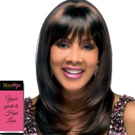 Charli-V Wig Color 1B - Vivica Fox Wigs 18" Long Silky Straight Layers End Curves Short Bang Heat Friendly Synthetic Pur Stretch Cap Black Womens Bundle MaxWigs Hairloss Booklet