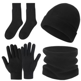 Winter Hat Scarf Gloves Socks Set, 4PCS Winter Warm Sets Unisex Knitted Beanie Hat Touch Screen Gloves Neck Warmer Mid-tube Thermal Sock for Skiing Hiking Outdoor Sports