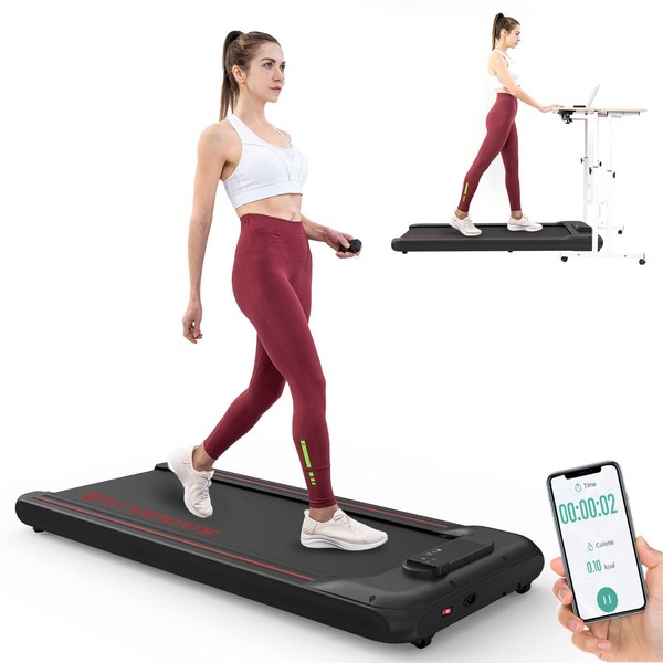 Under Desk Treadmill Portable Walking Pad, Adjustable Speed with APP, LCD Screen & Calorie Counter, Ultra Thin and Silent, Intended for Home/Office (Black Red)
