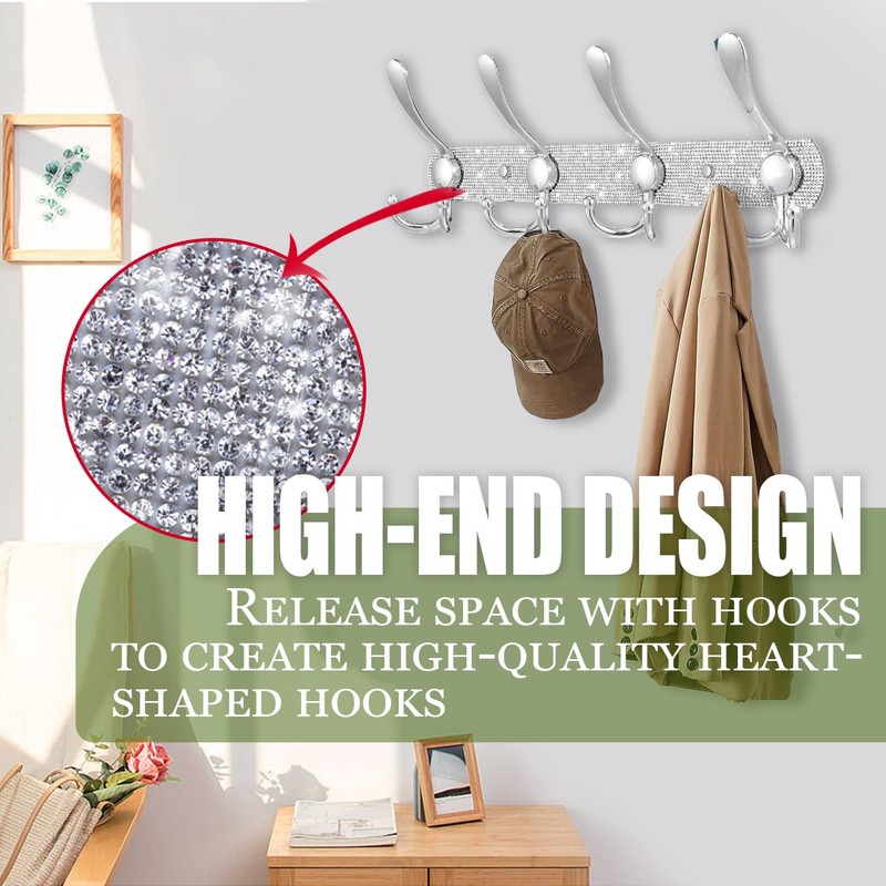 BlackFish Wall Mounted Coat Rack, Shiny Silver Rhinestones Four Heavy