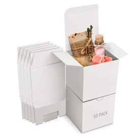 Belle Vous Kraft Paper Gift Boxes White (Pack of 50) - Cardboard Boxes 7.5 x 7.5 x 7.5 cm - Cardboard Boxes with Lids Easy to Assemble - Square Gift Box for Gifts, Party, Birthday, Wedding
